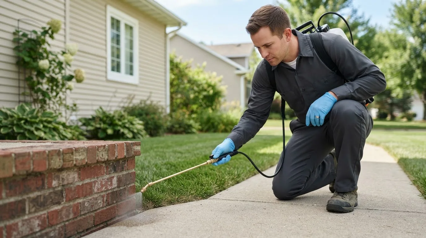 Pest control technician treating a home near Hood River, OR